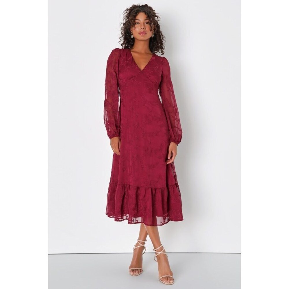 Lulus Essential Grace Burgundy Chiffon Embroidered Midi Dress - Size S